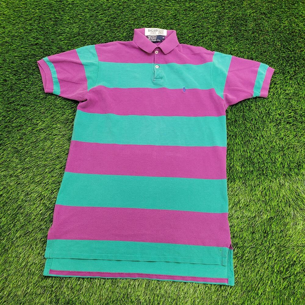 Vintage Ralph-Lauren Stripes Polo Shirt M 19x30 Purple Blue